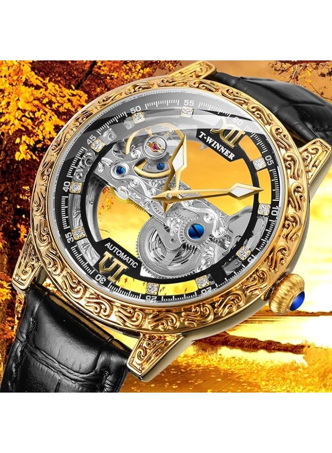 Winner Men Vintage Mechanical Self-wind Watch, Gorgeous Carving Totem Bezel，Luxury Double-sided Hallow Skeleton Dail with Diamond Scale Automatic Watches, Big Dial Leather Strap Wristwatch - Image 2